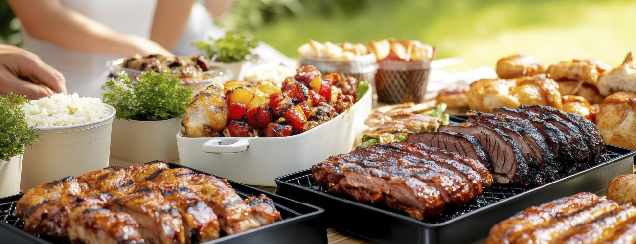 Traditional Picnic Table Setup with Delicious Food A beautifully arranged picnic table filled with an array of delicious foods including grilled meats and fresh sides, perfect for a summer outdoor gathering with friends and family.