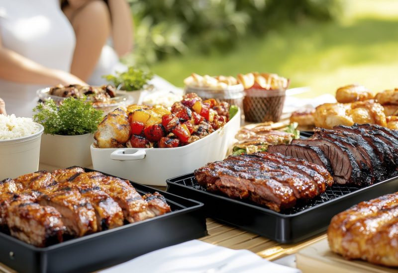 A beautifully arranged picnic table filled with an array of delicious foods including grilled meats and fresh sides, perfect for a summer outdoor gathering with friends and family.